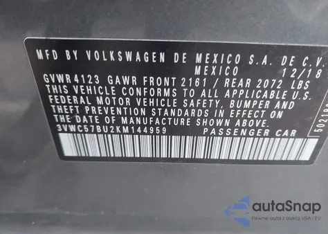 2019 Volkswagen Jetta 1.4T R-Line/1.4T S/1.4T Se from USA, damaged, VIN 3VWC57BU2KM144959